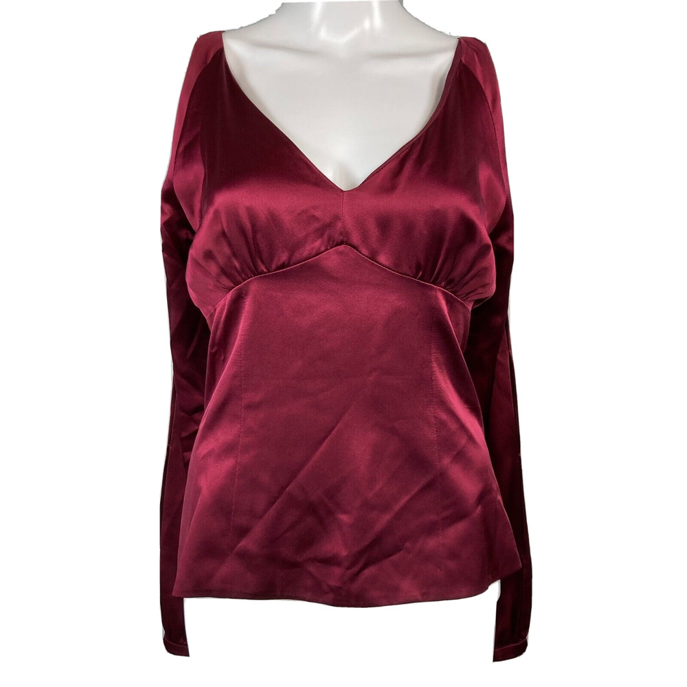 Cate Lyon Shirt Women Sz S Burgundy Silk V Neck Open Back Long Sleeve Zip Blouse